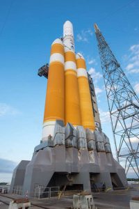 A Boeing Delta IV-Heavy rocket in place for launch.