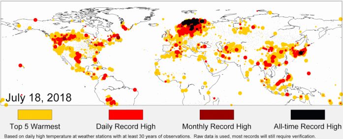 One day of Summer 2018 heat showing huge areas of daily and all-time highs.